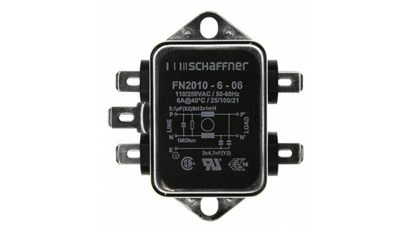 Filtro EMI Schaffner 4.7nF, 6A, 250 V AC / DC, 0 → 400Hz 1 mH, Montaje en Panel, con terminales Faston 0,74 mA,