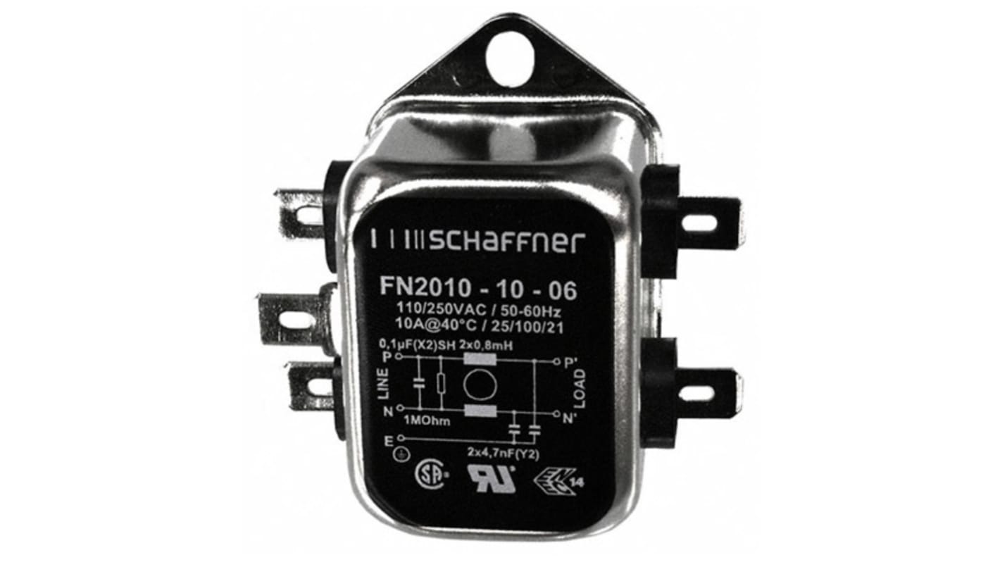 Schaffner FN2010 EMV-Filter, 250 V AC/DC, 10A, Gehäusemontage 2.5W, Flachstecker, 1-phasig 0,74 mA / 0 → 400Hz