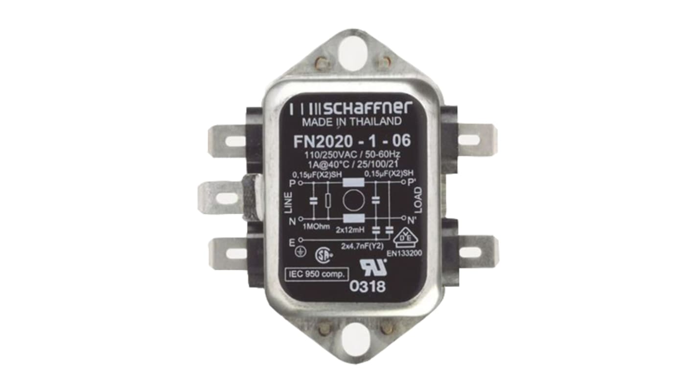 Schaffner FN2020 EMV-Filter, 250 V AC/DC, 1A, Gehäusemontage 0.8W, Flachstecker, 1-phasig 0,74 mA / 400Hz Single Stage