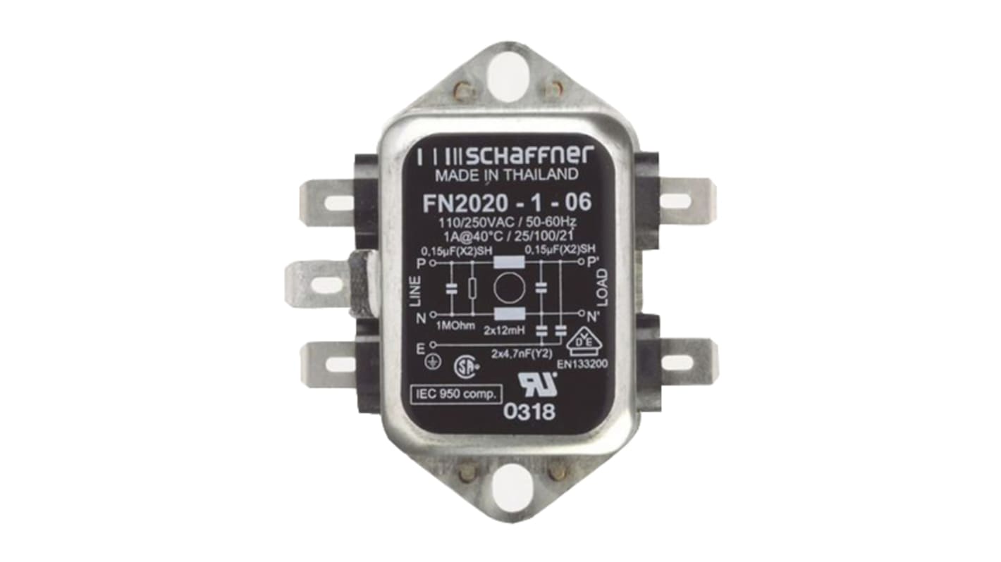 Filtr EMI, řada: FN2020, 4.7nF, 250 V AC/DC, 400Hz, Montáž na rám 12 mH, Rychlé nasazení, 1A, 0,74 mA, Schaffner,