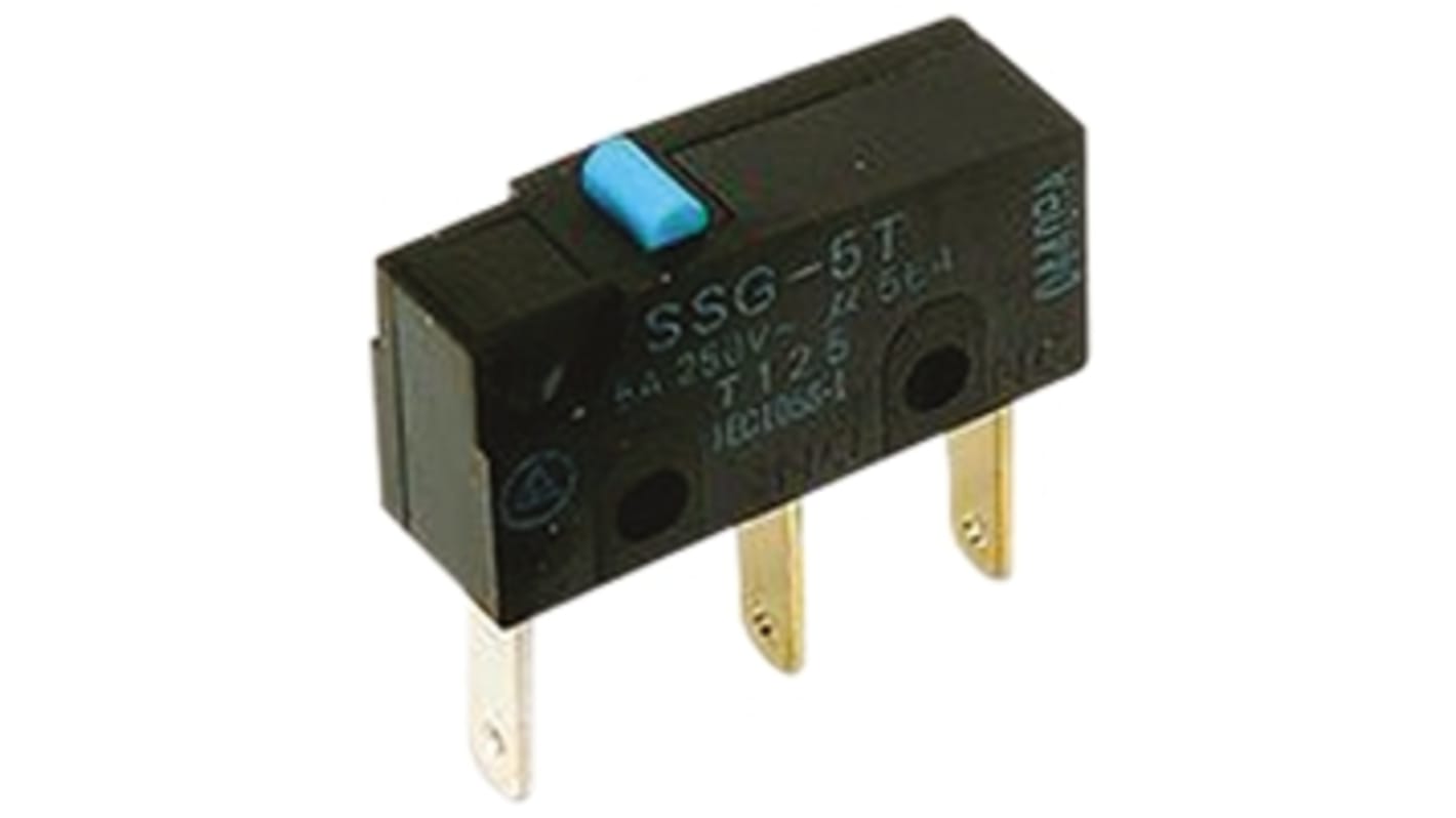 Omron Subminiatur-Mikroschalter Stift Stößel-Betätiger Flachstecker, 5 A @ 125 V ac, SPDT IP 40 0,5 N -25°C - +125°C