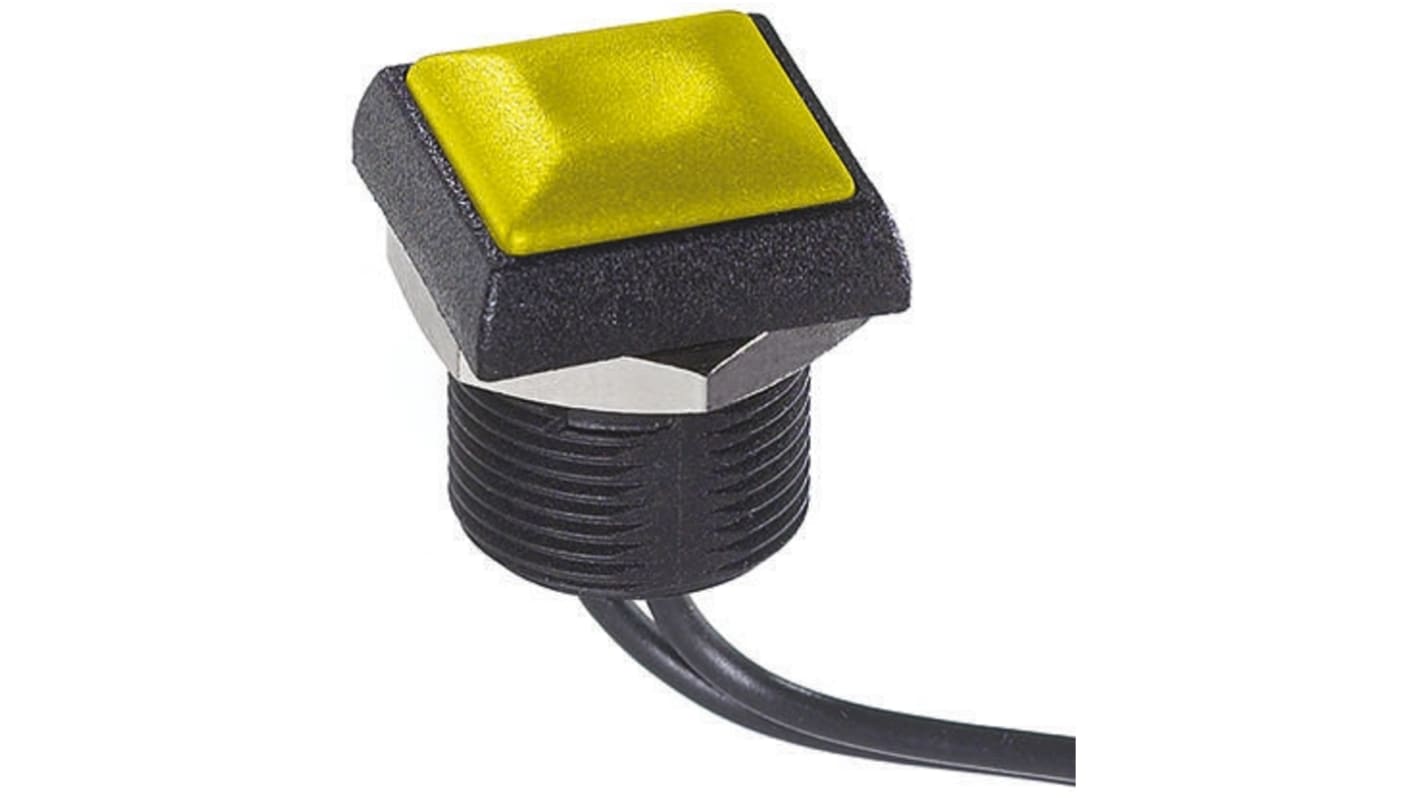 Interruptor de Botón Pulsador APEM, color de botón Amarillo, SPST, acción momentánea, 200 mA a 48 V dc, 250V ac,