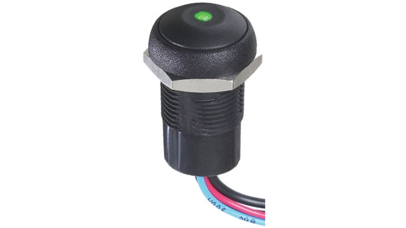 APEM Illuminated Push Button Switch, Momentary, Panel Mount, 14.8mm Cutout, SPST, Green LED, 250V ac, IP67