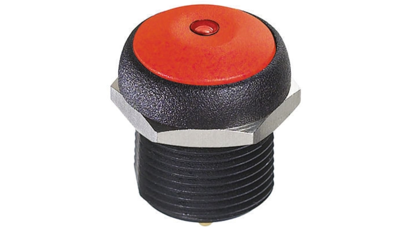 Interruptor de Botón Pulsador APEM, color de botón Rojo, SPST, acción momentánea, 200 mA a 48 V dc, 250V ac, Montaje en