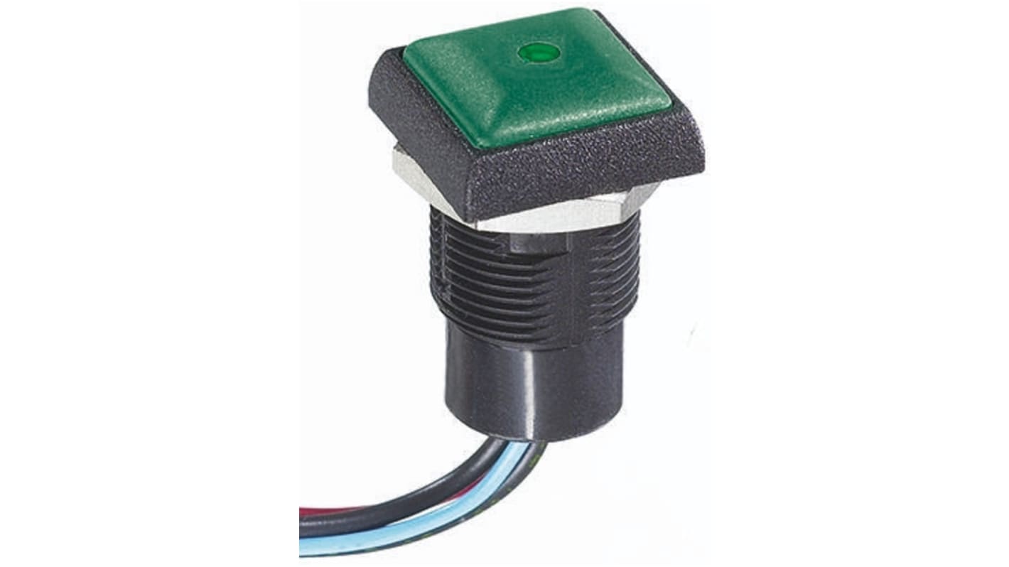 APEM Illuminated Push Button Switch, Momentary, Panel Mount, 14.8mm Cutout, SPST, Green LED, 250V ac, IP67