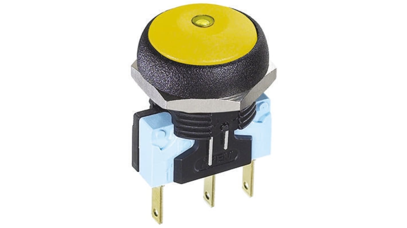 APEM Illuminated Push Button Switch, Momentary, Panel Mount, 14.8mm Cutout, SPDT, Yellow LED, 250V ac, IP67