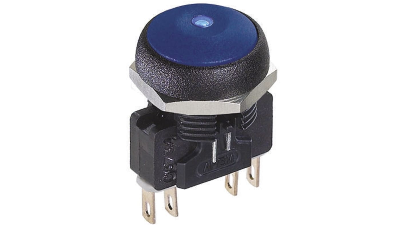 APEM Illuminated Push Button Switch, Momentary, Panel Mount, 14.8mm Cutout, DPDT, Blue LED, 250V ac, IP67