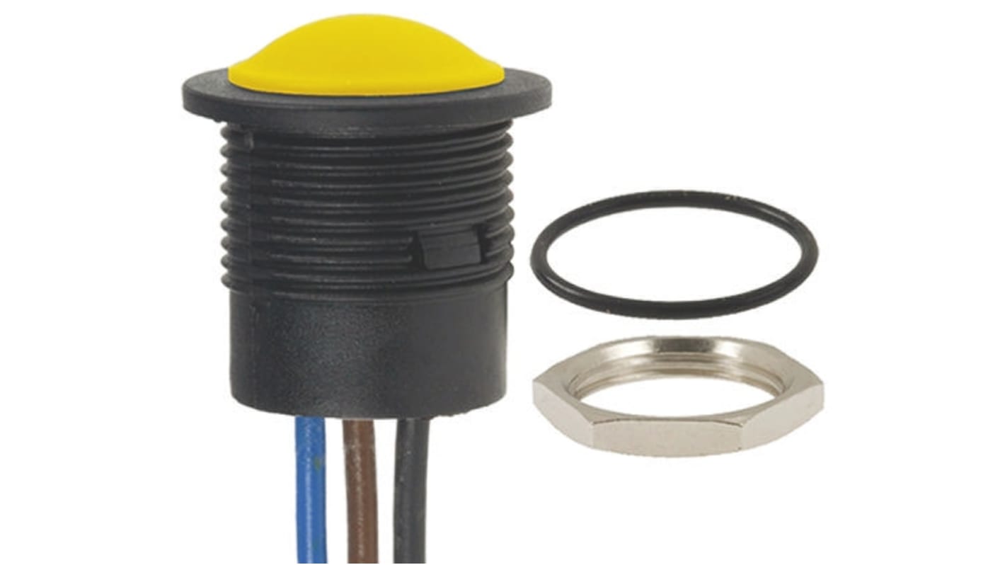 Interruptor de Botón Pulsador APEM, color de botón Amarillo, SPDT, 2 A a 24 V dc, 24V dc, Montaje en Panel, IP67