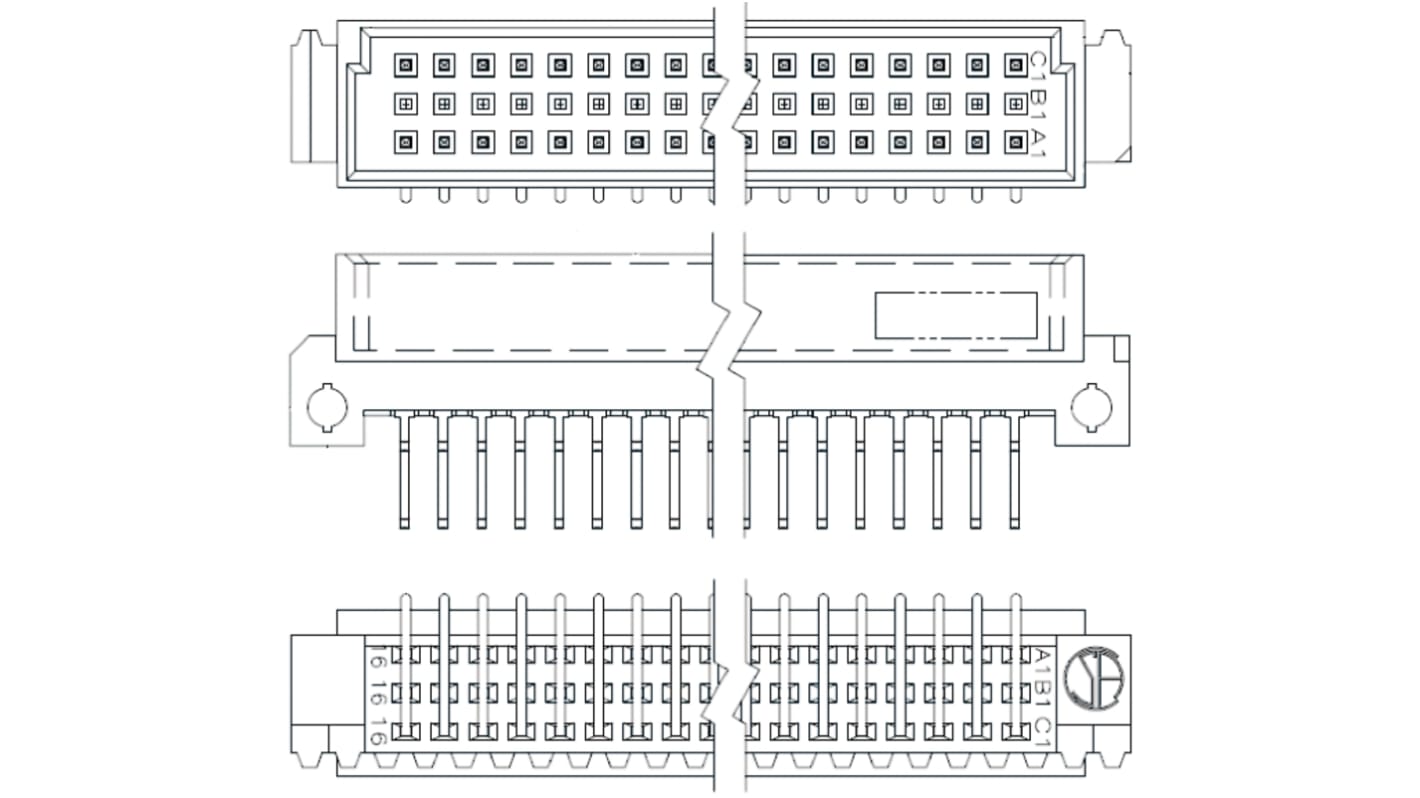 Connecteur DIN 41612 TE Connectivity série Eurocard, 32 contacts Mâle, Angle droit sur 3 rangs, entraxe 2.54 mm, 5.08 mm