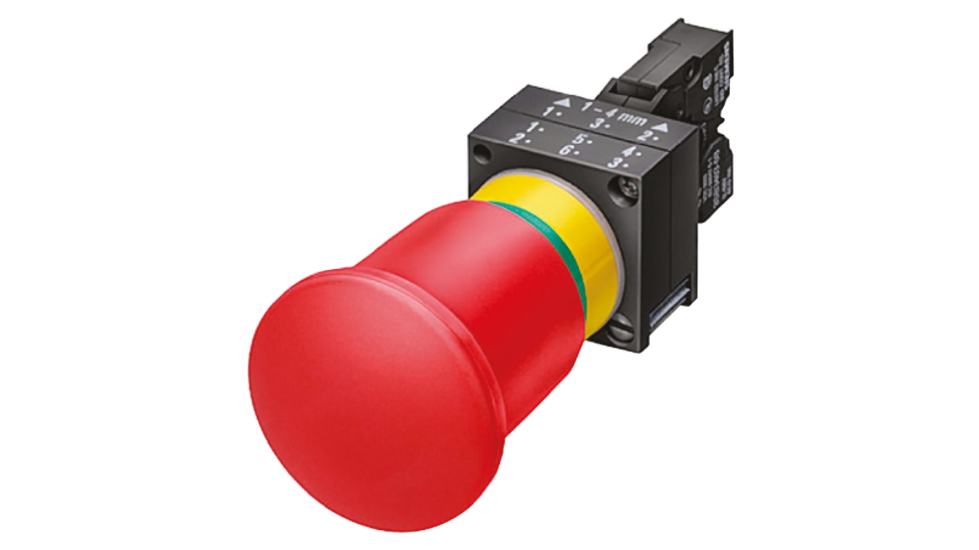 Siemens 3SB3 Series Latching Emergency Stop Push Button, Panel Mount, 22mm Cutout, SPST, IP66