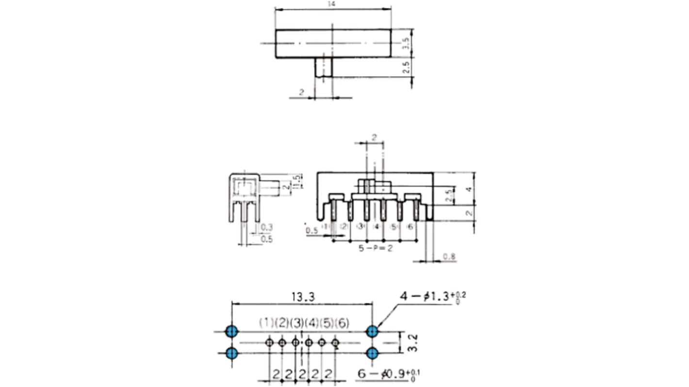 Copal Electronics Through Hole Slide Switch DPDT Latching 300 mA @ 30 V dc Side