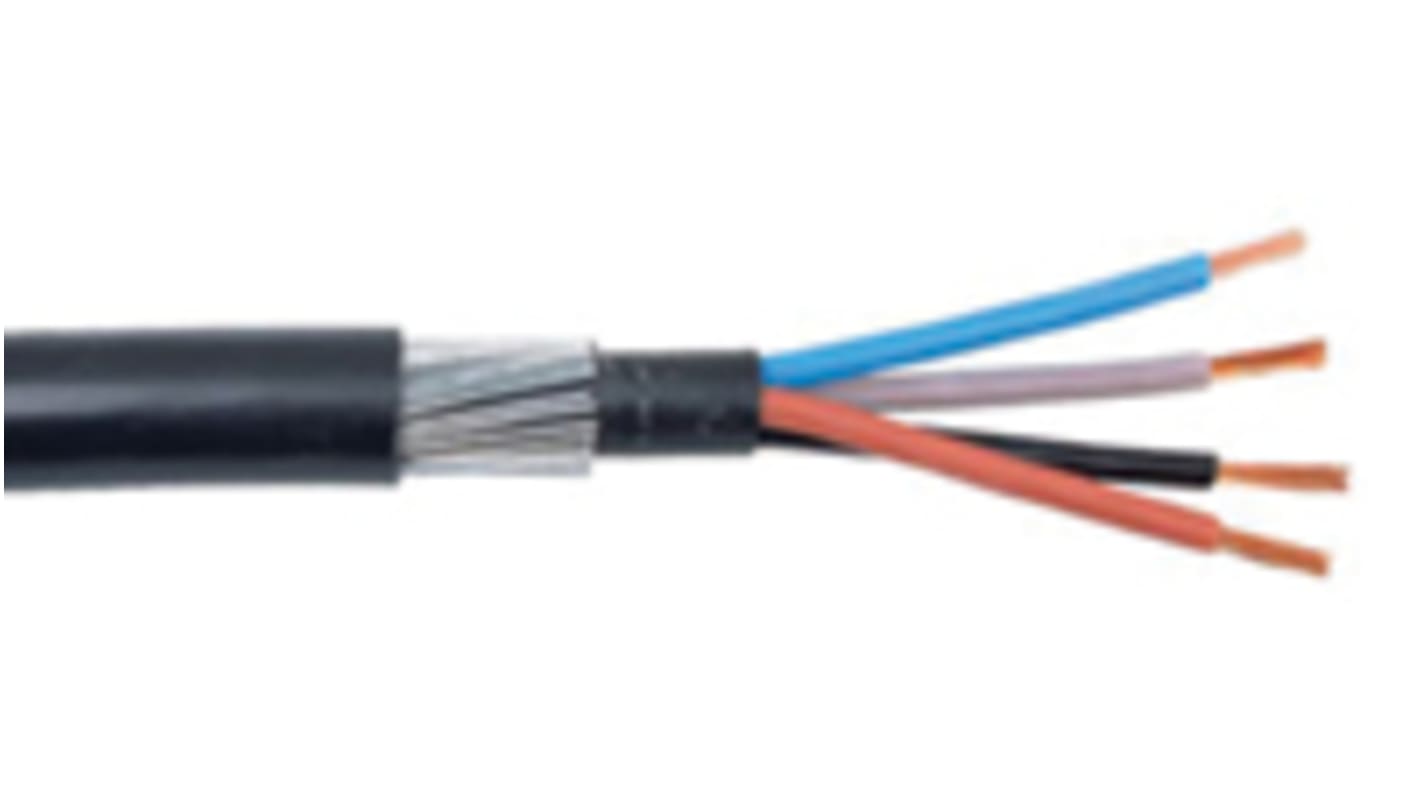 RS PRO Bewehrte Kabel, 4-adrig Schwarz x 10 mm² /Ø 20.2mm 73 A (nicht metallische Oberfläche), 78 A (Kabelbrücke),