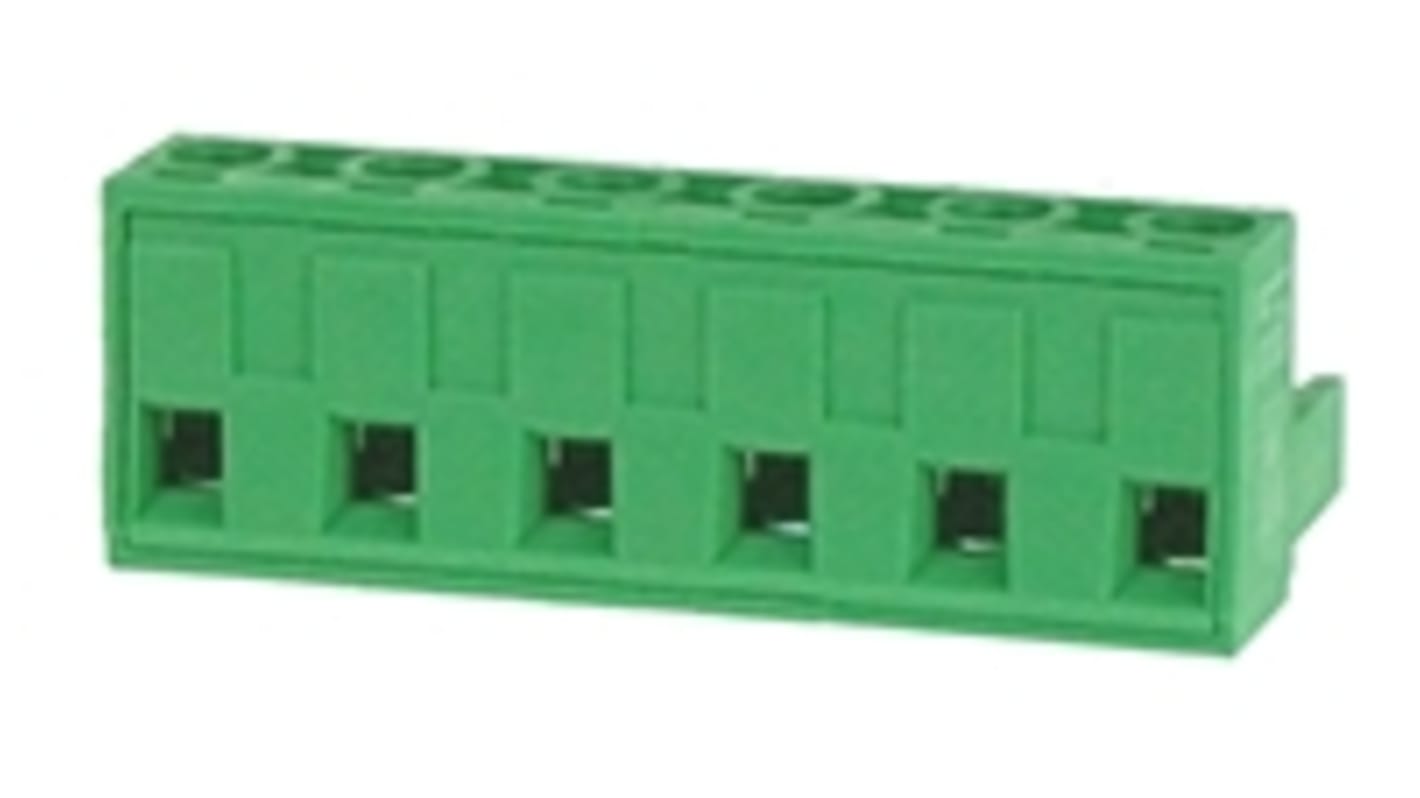 Borne para PCB Hembra Ángulo recto RS PRO de 6 vías , paso 7.62mm, 15A, de color Verde, montaje Montaje en orificio