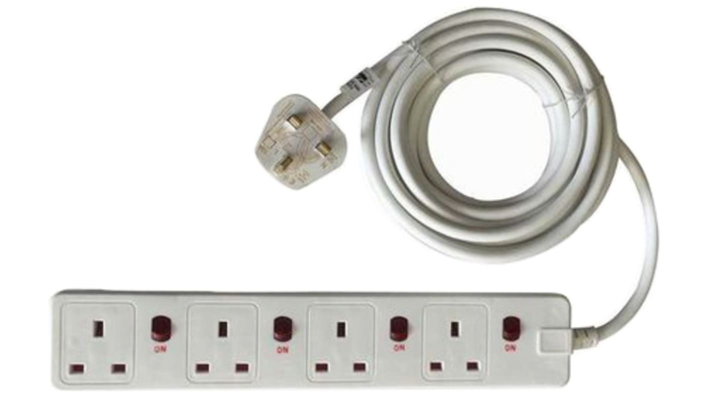 Type G - British 4 Gang Extension socket, 5m Cable, 230 V ac