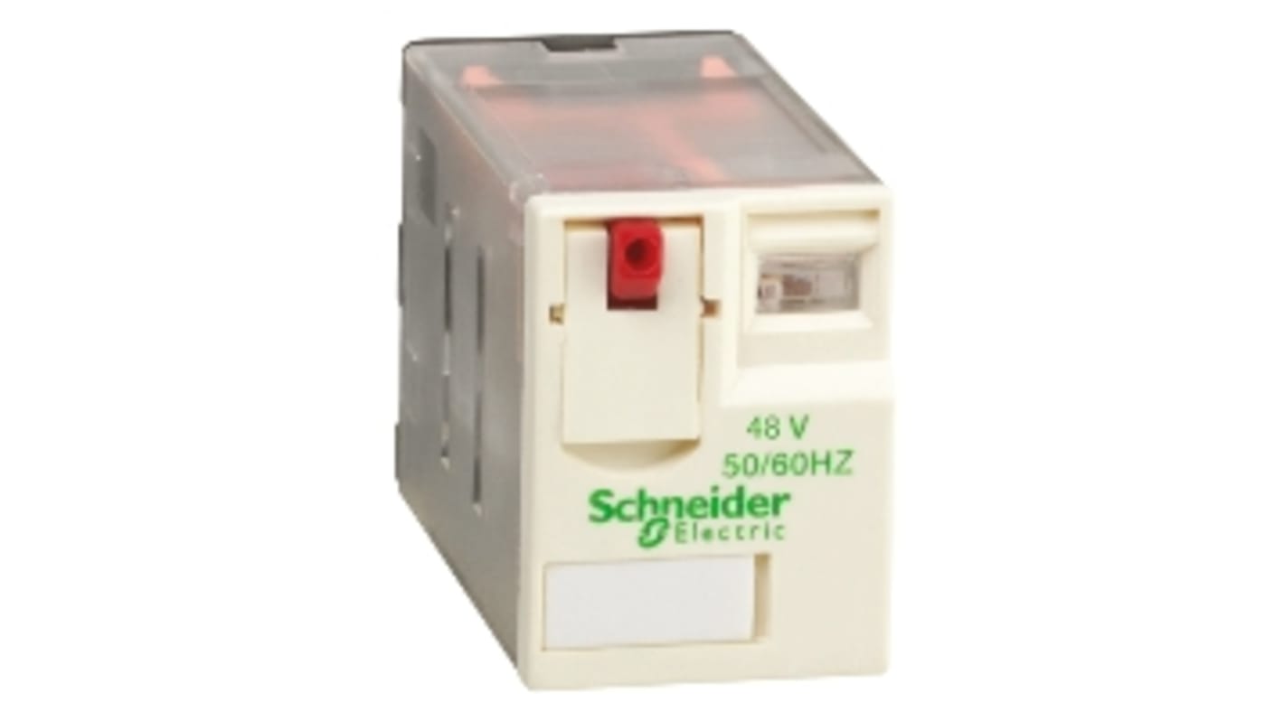 Relé de potencia sin enclavamiento Schneider Electric de 4 polos, 4PDT, bobina 48V ac, 3A, enchufable