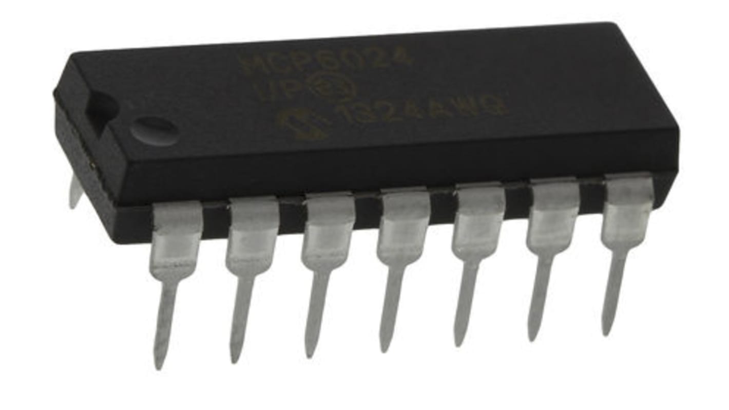 MCP6024-I/P Microchip, Precision, Op Amp, RRIO, 10MHz 10 kHz, 14-Pin PDIP