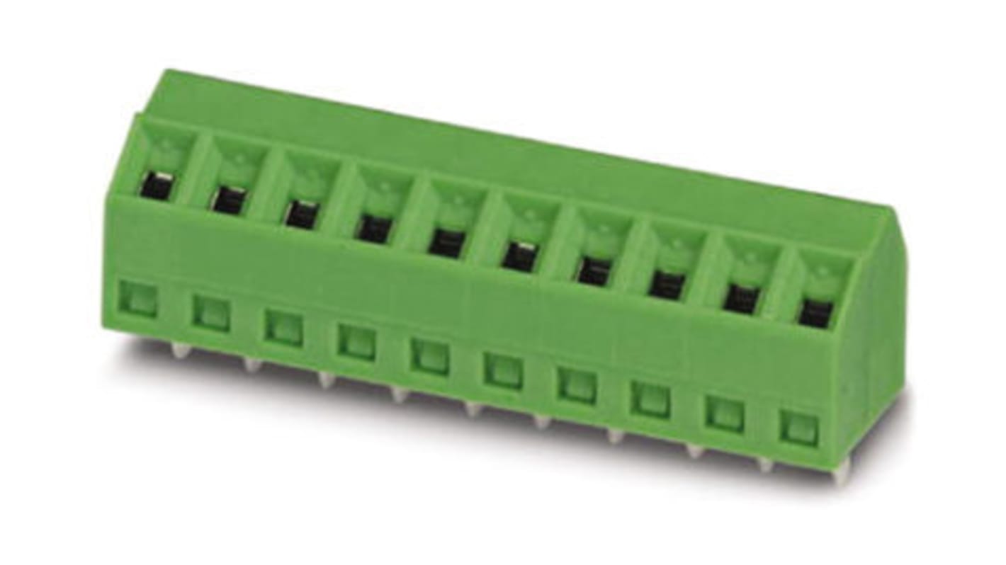 Borne para PCB Phoenix Contact de 5 vías, paso 3.5mm, 10A, de color Verde, montaje Montaje en orificio pasante,