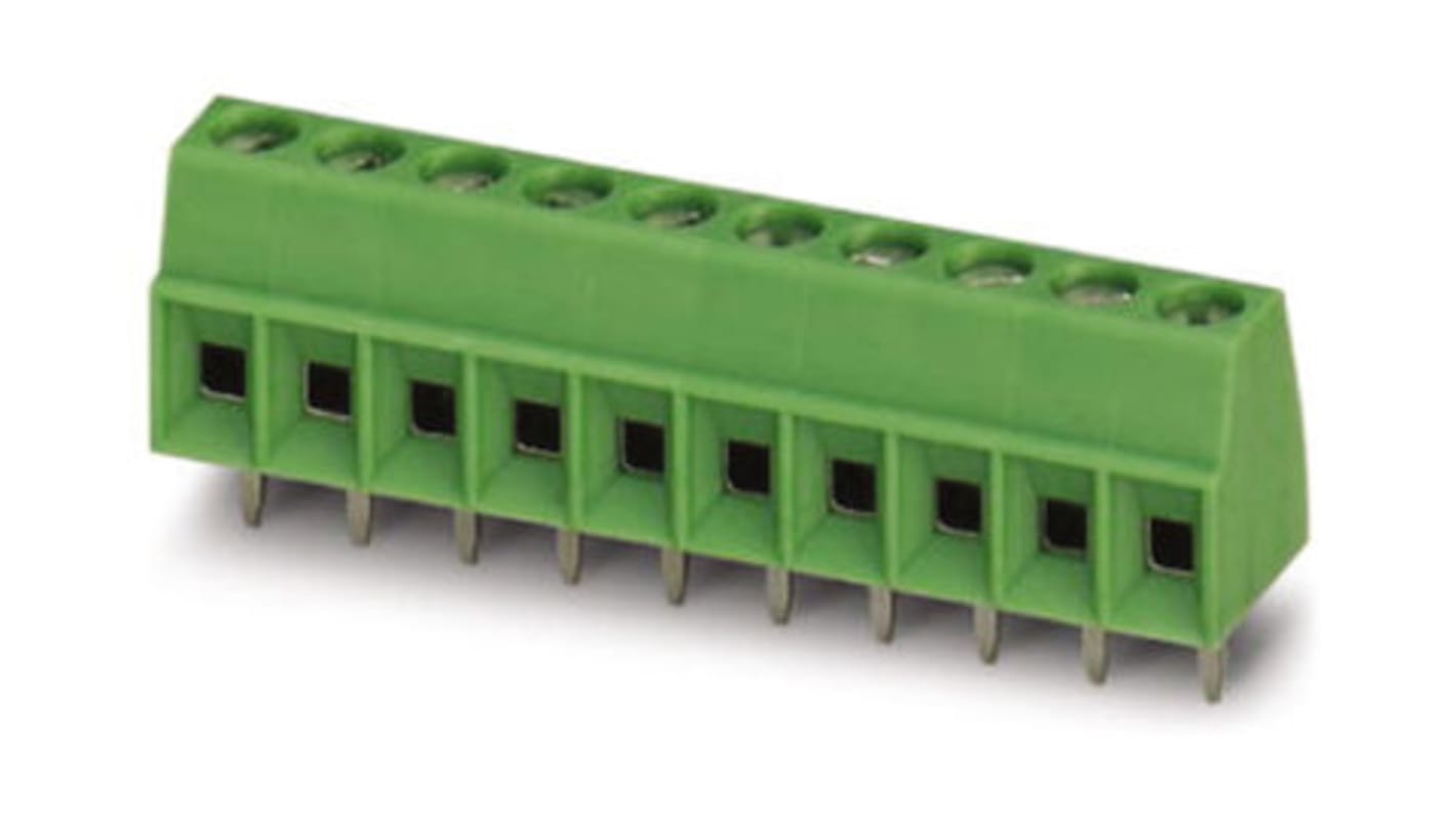 Borne para PCB Phoenix Contact de 10 vías, paso 3.5mm, 10A, de color Verde, montaje Montaje en orificio pasante,
