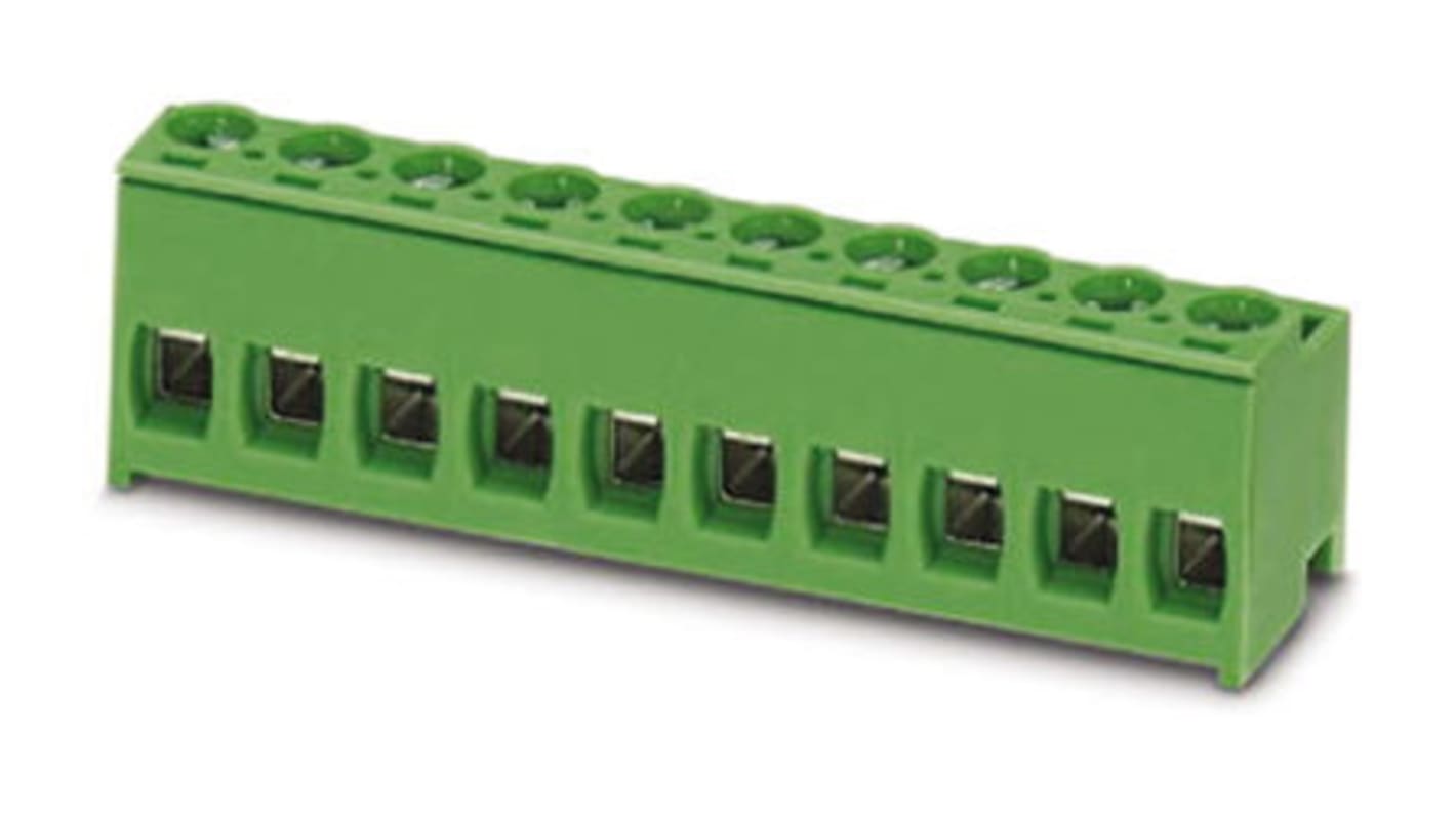 Borne para PCB Hembra Phoenix Contact de 5 vías, paso 5.08mm, 15A, de color Verde, montaje Montaje en orificio pasante,