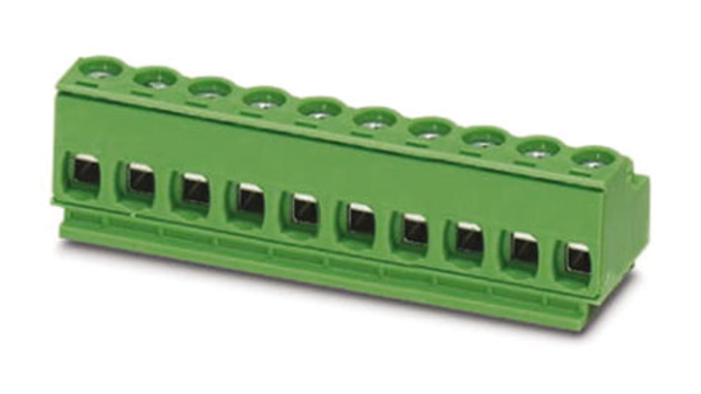 Bloque de terminal PCB Hembra Ángulo recto Phoenix Contact de 3 vías, paso 5mm, 10A, de color Verde, terminación