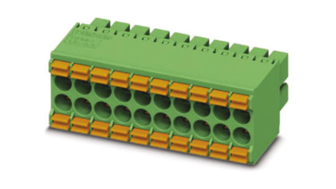 Borne enchufable para PCB Hembra Phoenix Contact de 20 vías en 2 filas, paso 3.5mm, 8A, de color Verde, montaje de