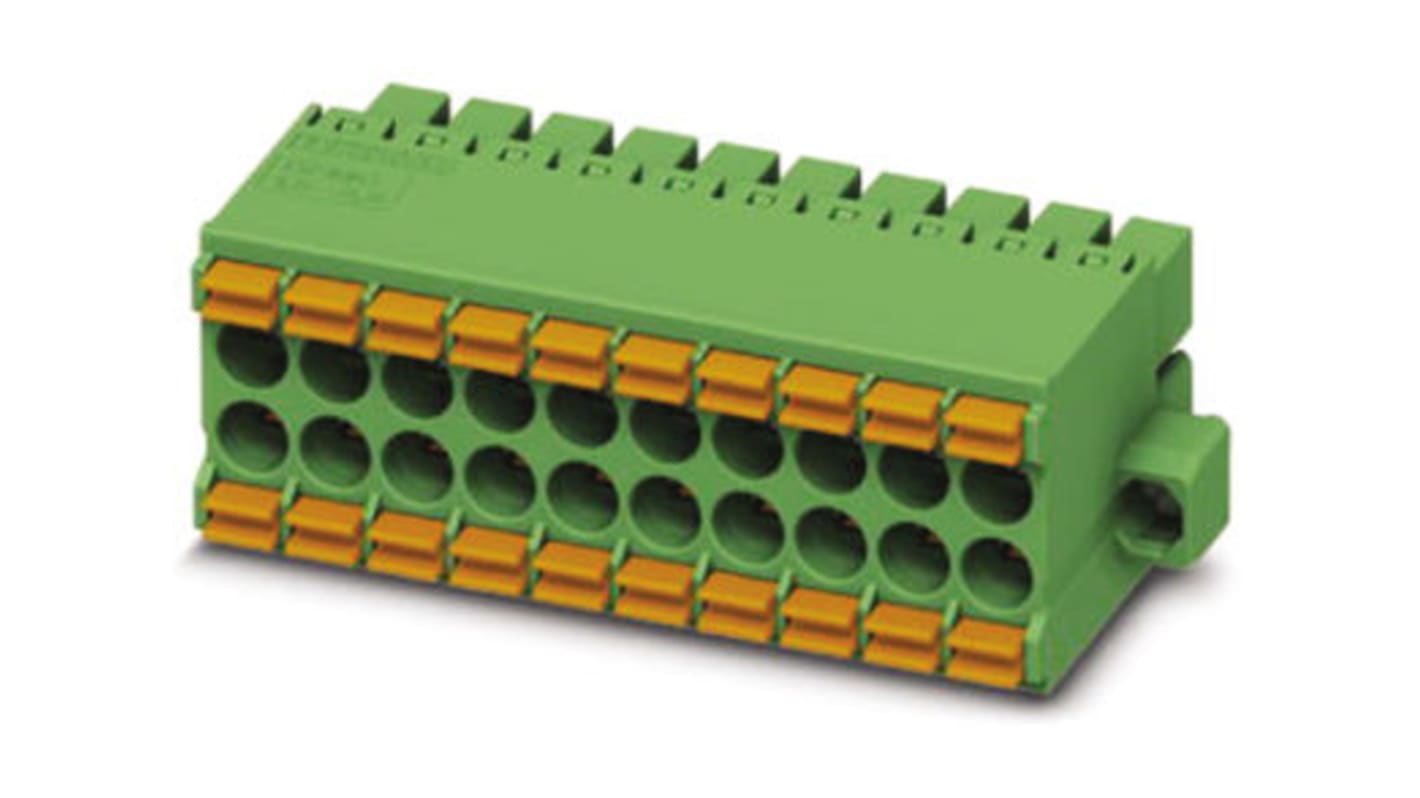 Borne enchufable para PCB Hembra Phoenix Contact de 18 vías en 2 filas, paso 3.5mm, 8A, de color Verde, montaje de