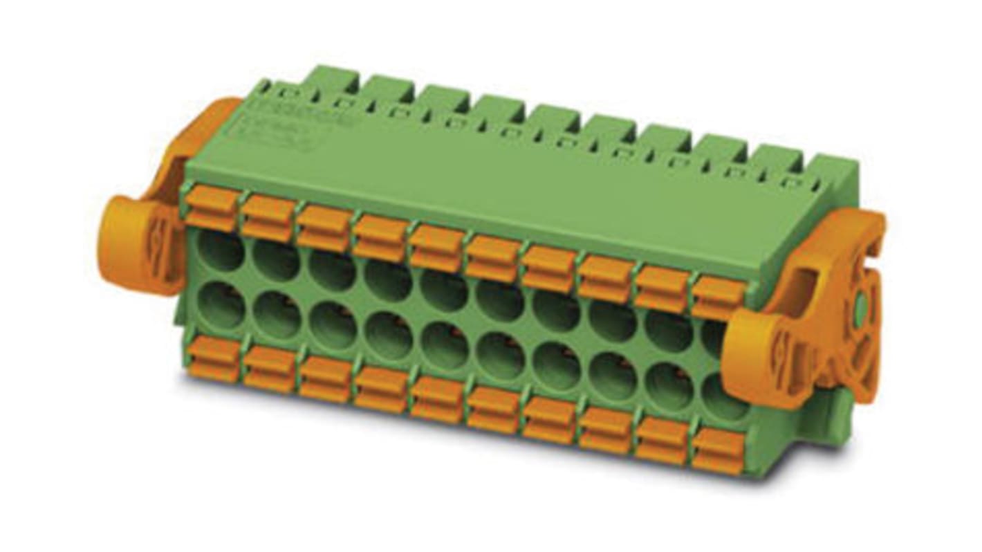 Borne enchufable para PCB Hembra Phoenix Contact de 18 vías en 2 filas, paso 3.5mm, 8A, de color Verde, montaje de