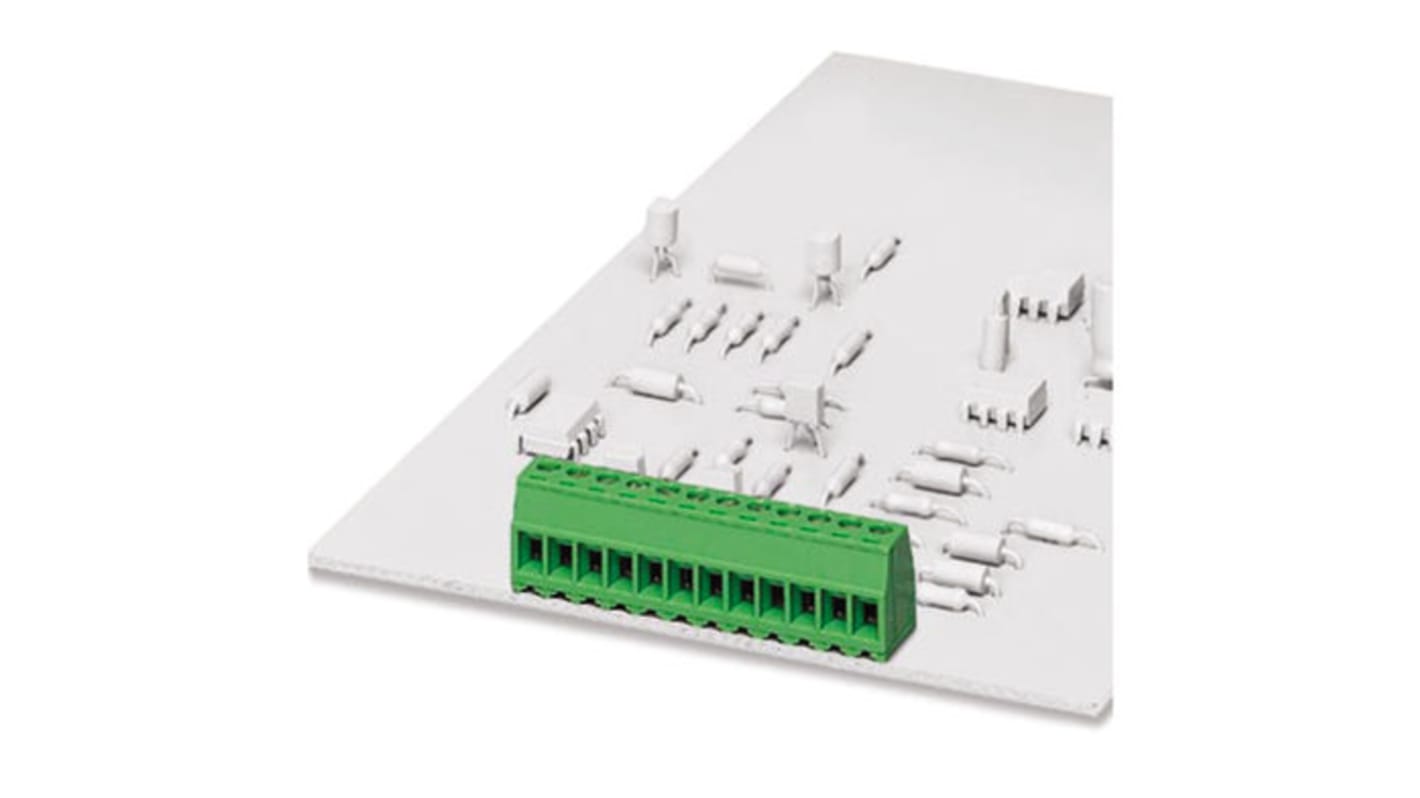 Borne para PCB Phoenix Contact de 9 vías, paso 3.81mm, 8A, de color Verde, montaje Montaje en orificio pasante,