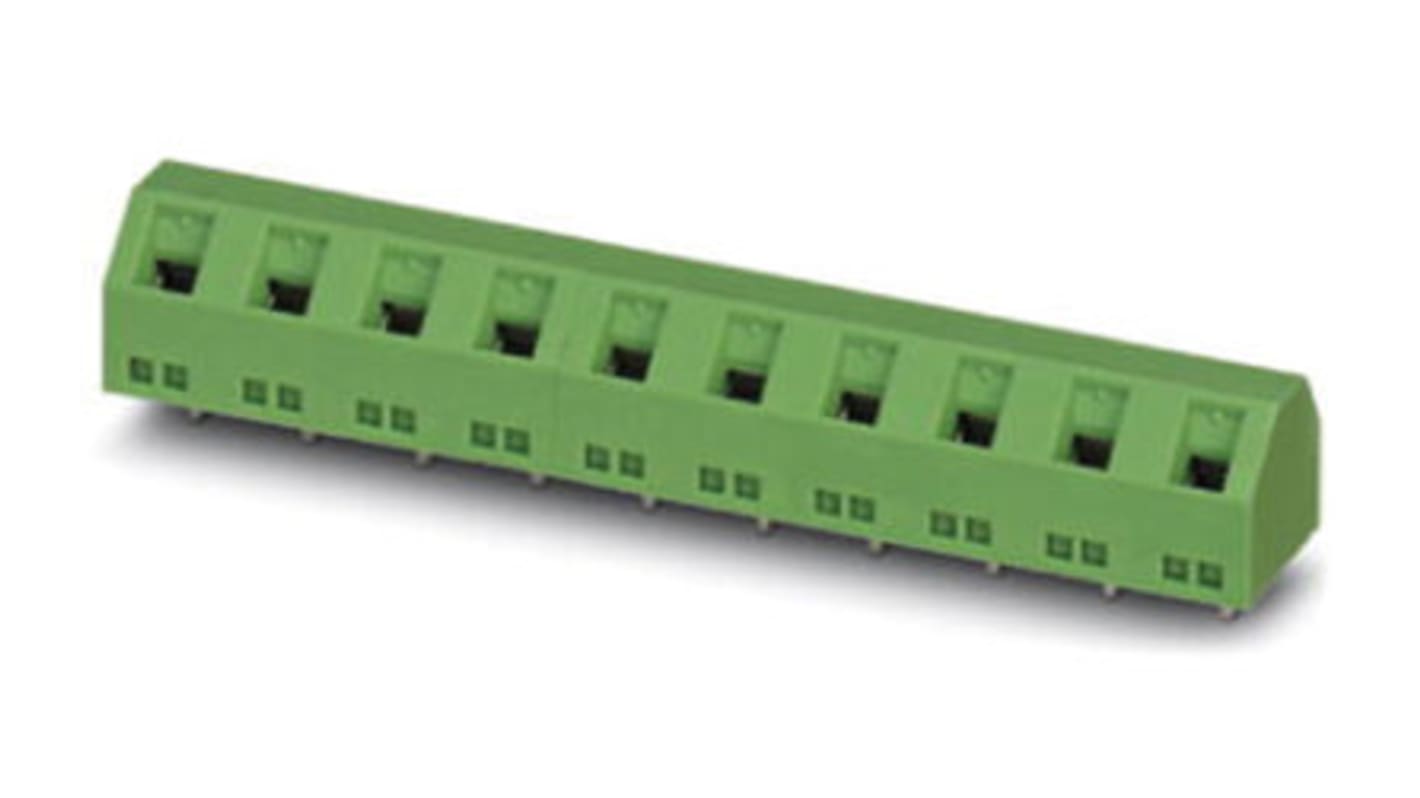 Bloque de terminal PCB Phoenix Contact de 10 vías, paso 5mm, 17.5A, de color Verde, montaje Montaje en orificio