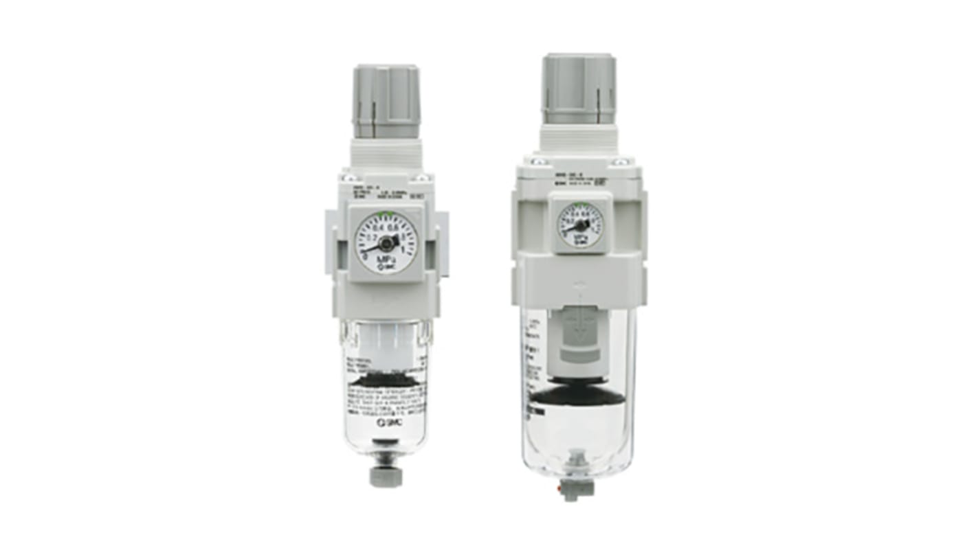 Filtro regulador SMC serie AW30, G 3/8, grado de filtración 5μm, presión máxima 10 bares, con purga automática