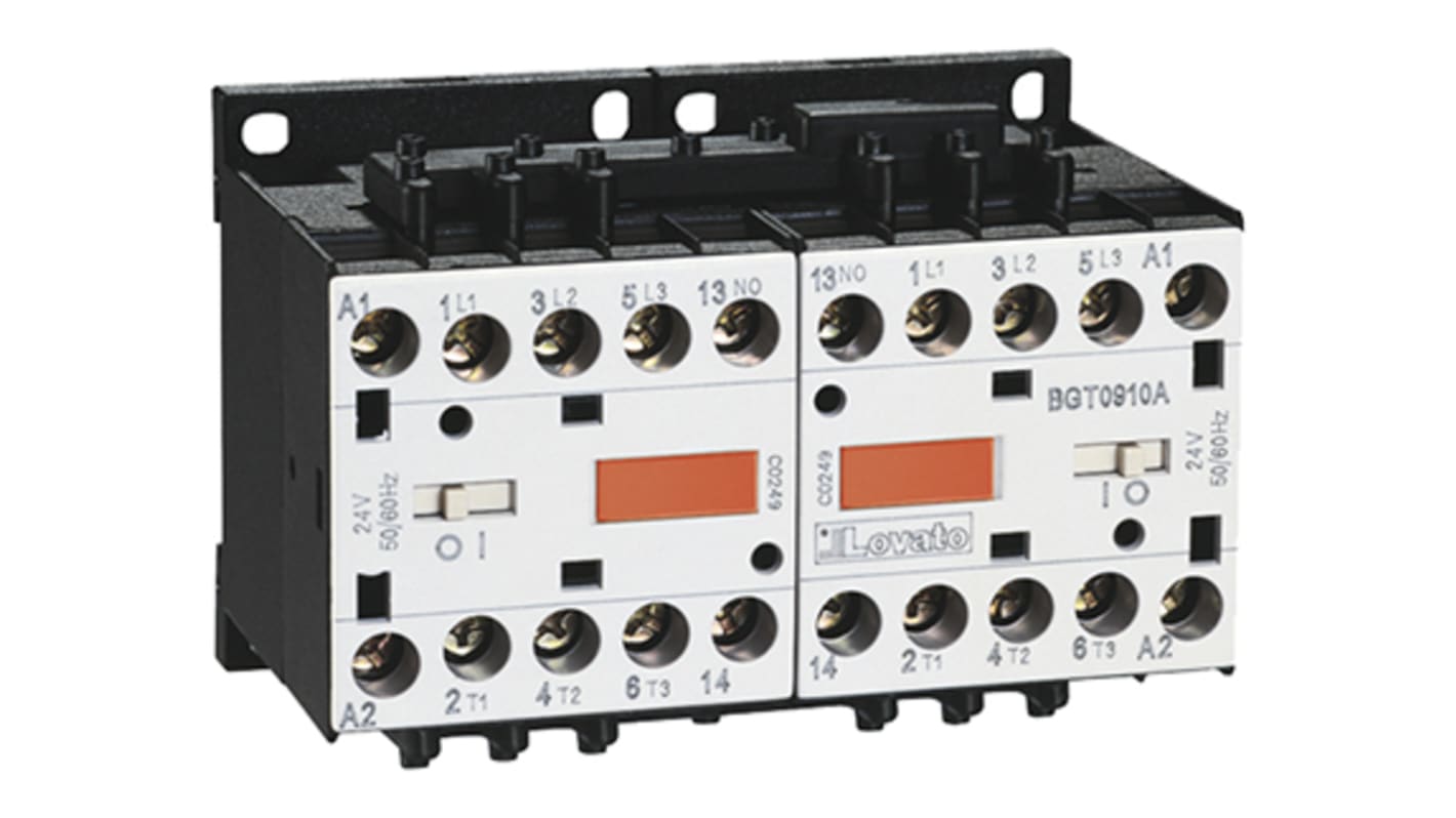 Contactor de inversión Lovato Naranja BG de 3 polos, 3 NA + 1 NA, 9 A, bobina 230 V ac, 4 kW