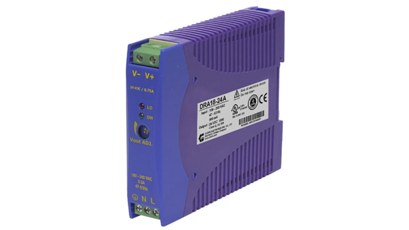 Chinfa DRA18 DIN Rail Power Supply, 90 → 264V ac ac Input, 12V dc dc Output, 1.5A Output, 18W