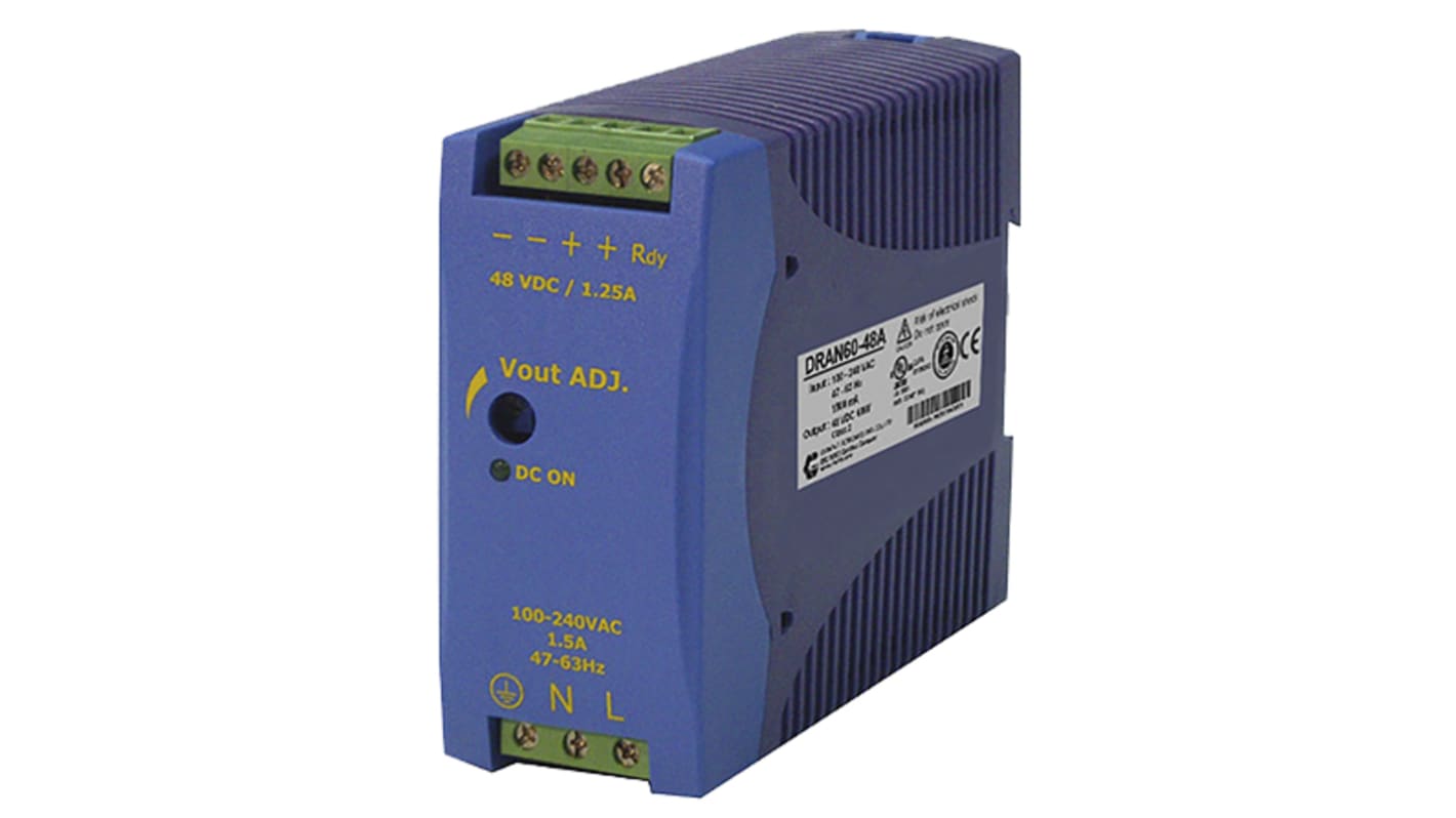 Chinfa DRAN60 DIN Rail Power Supply, 85 → 264V ac ac Input, 12V dc dc Output, 5A Output, 60W