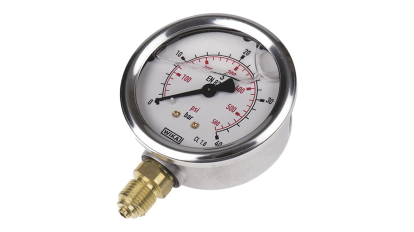 WIKA G 1/4 Analogue Pressure Gauge 40bar Bottom Entry, 9626926, UKAS, 0bar min.