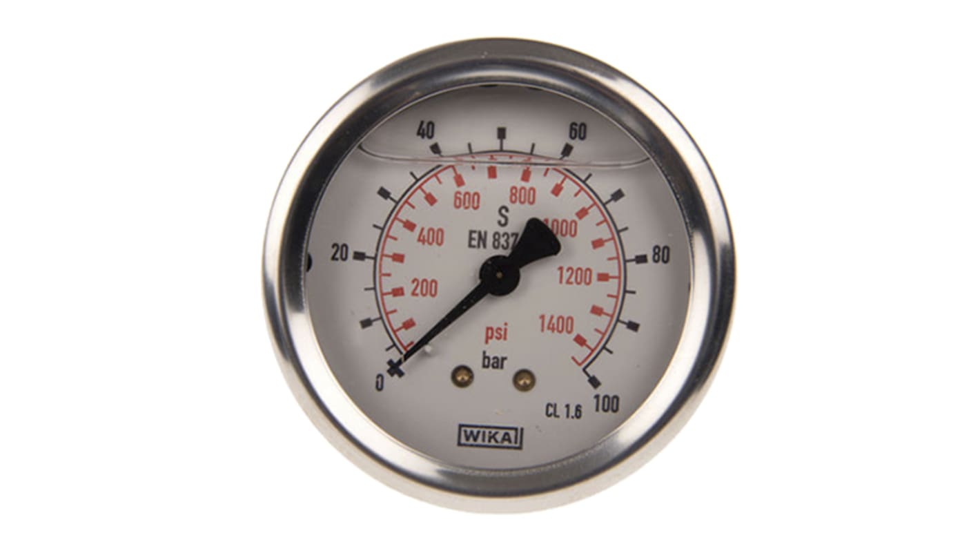 WIKA G 1/4 Analogue Pressure Gauge 100bar Back Entry, 46852703, UKAS, 0bar min.