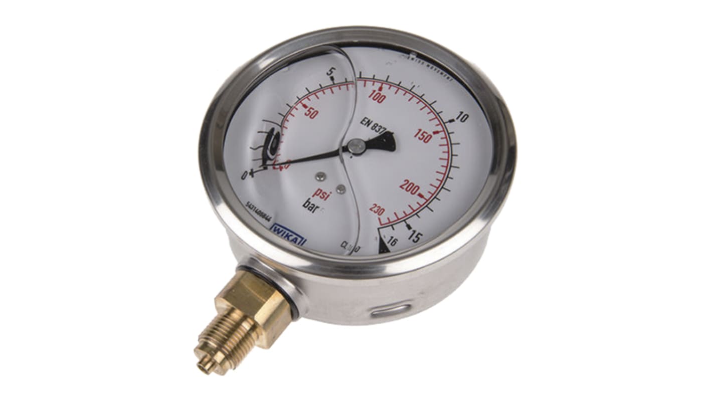 WIKA G 3/8 Analogue Pressure Gauge 16bar Bottom Entry, 7075589, UKAS, 0bar min.