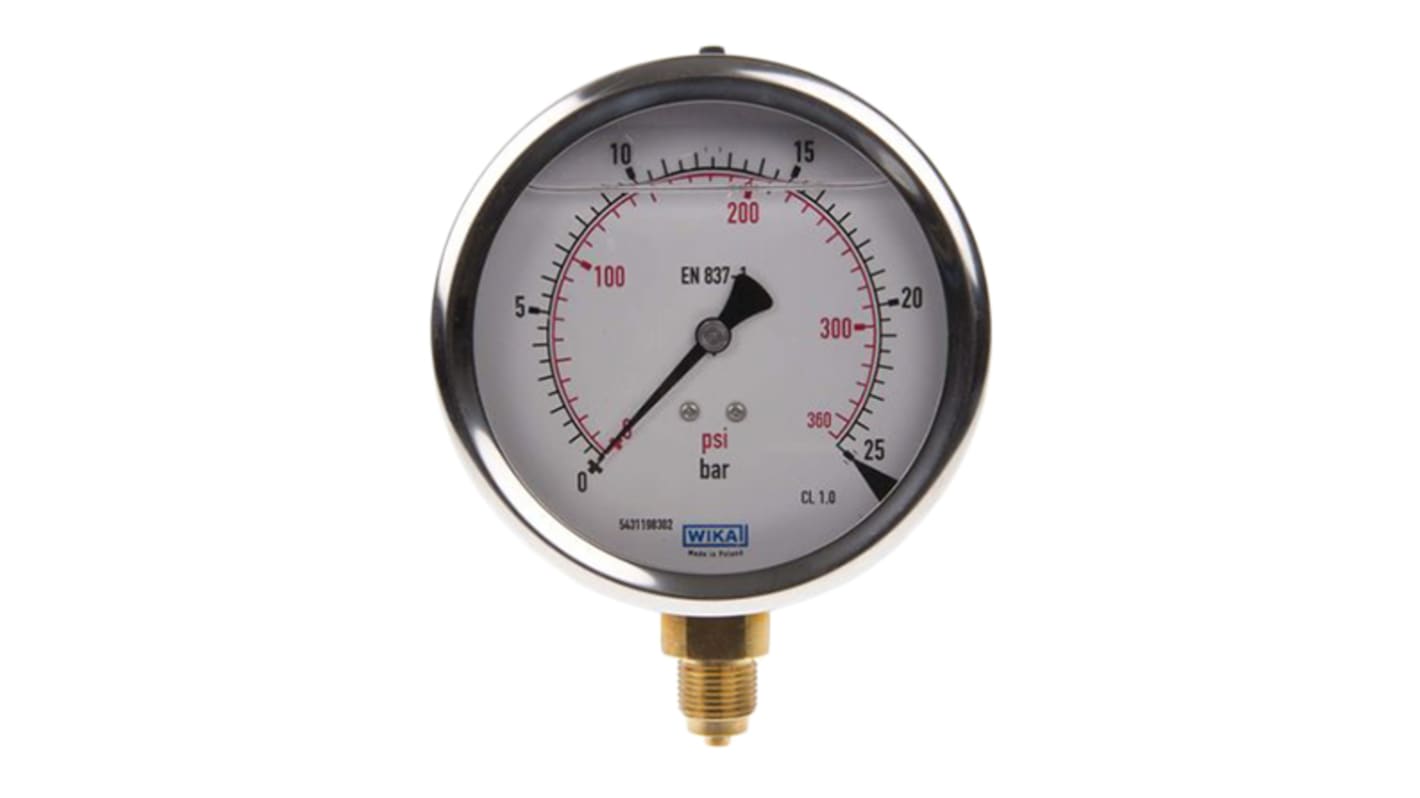 WIKA G 3/8 Analogue Pressure Gauge 25bar Bottom Entry, 7075597, UKAS, 0bar min.