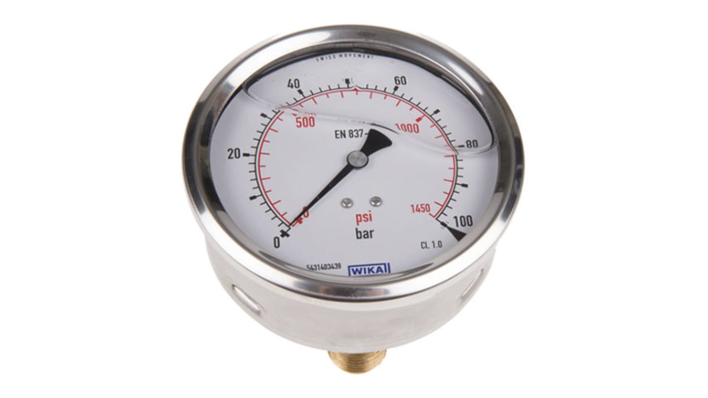 WIKA Analogue Pressure Gauge 100bar Back Entry, 7656072, UKAS, 0bar min.