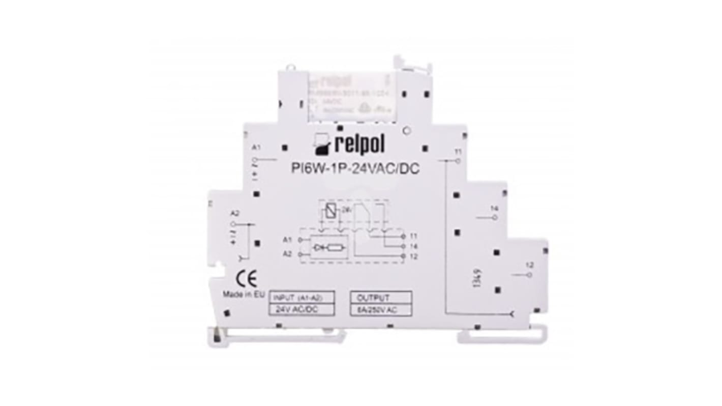 Relpol DIN-skinne 1 polet Interfacerelæ, 24V ac/dc spole, 6A, kontaktkonfiguration: 1-polet skifte