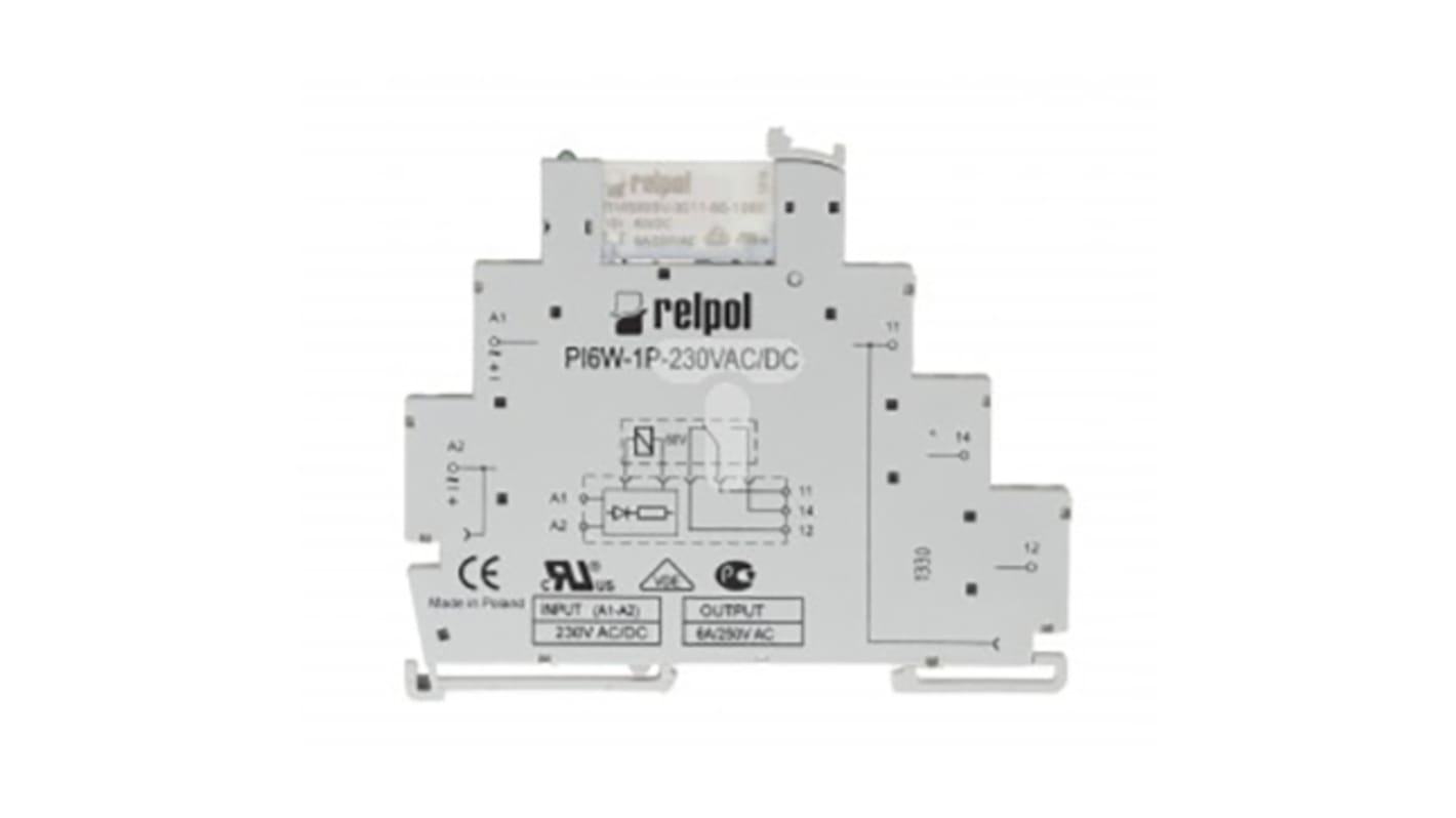 Relpol DIN-skinne 1 polet Interfacerelæ, 230V ac spole, 6A, kontaktkonfiguration: 1-polet skifte