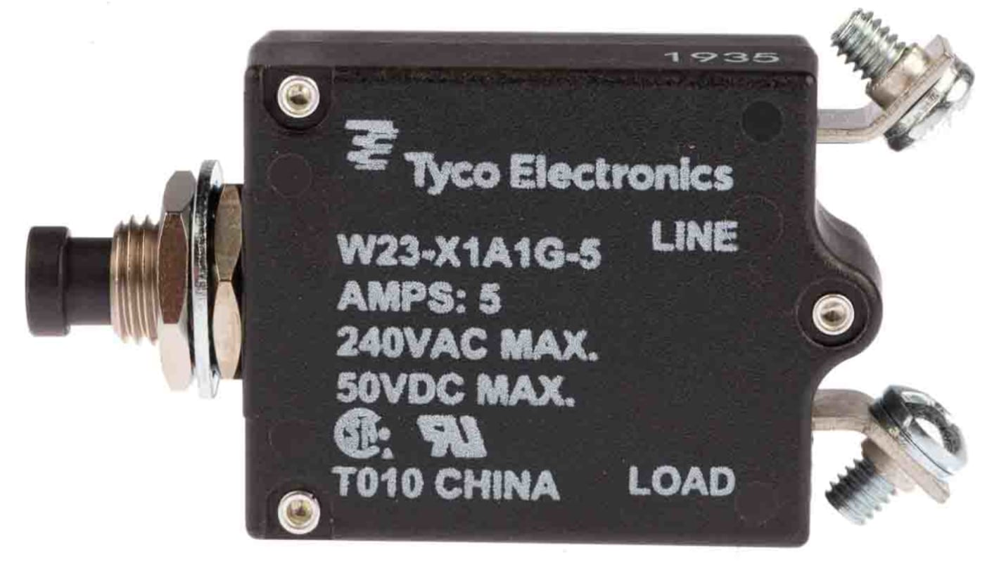 TE Connectivity Thermal Circuit Breaker - W23 Single Pole 50 V dc, 250V ac Voltage Rating, 5A Current Rating