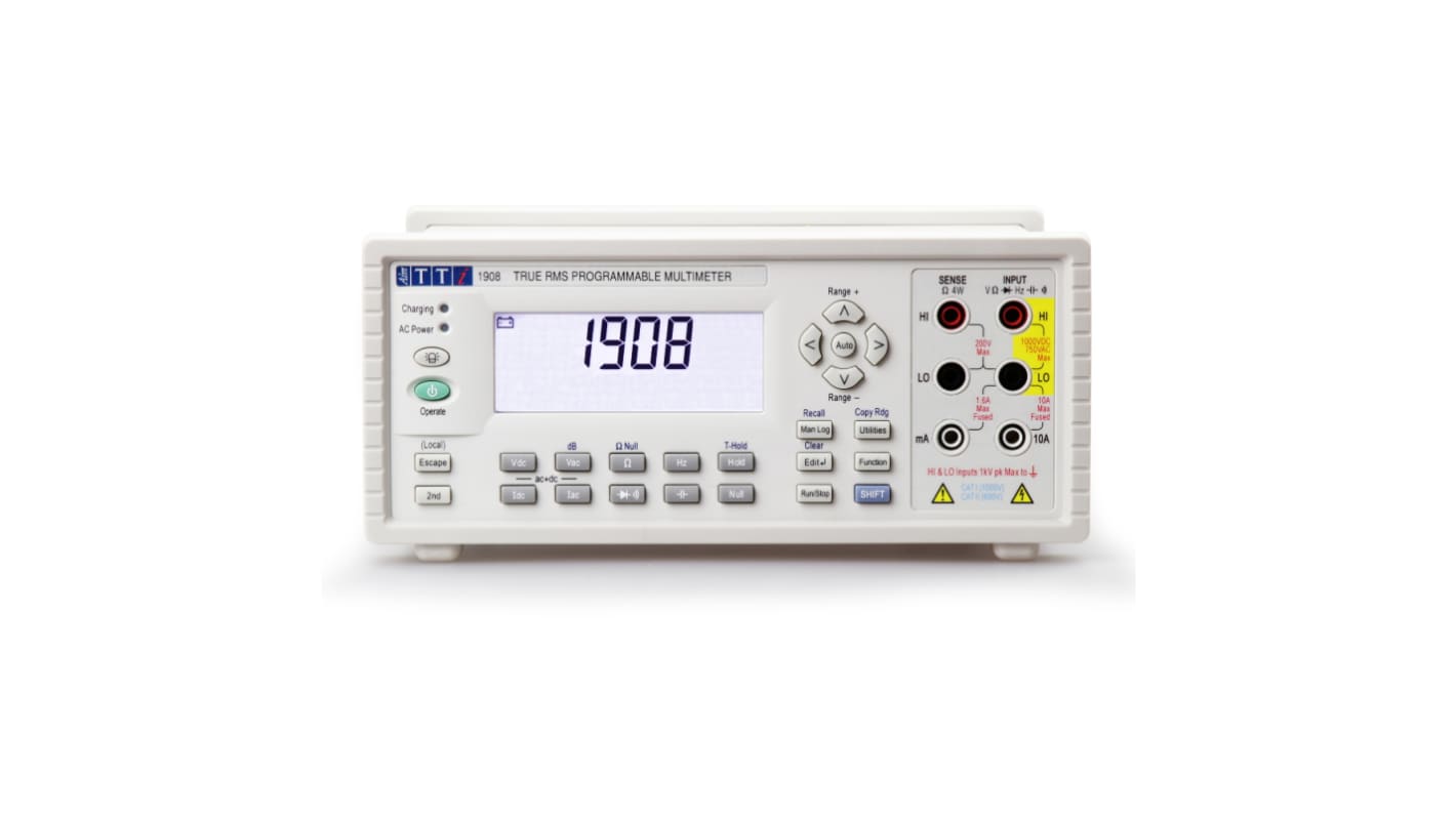 Multímetro de banco Aim-TTi 1908, 1000V ac/1000V dc, 10A ac/10A dc, TRMS, CAT II