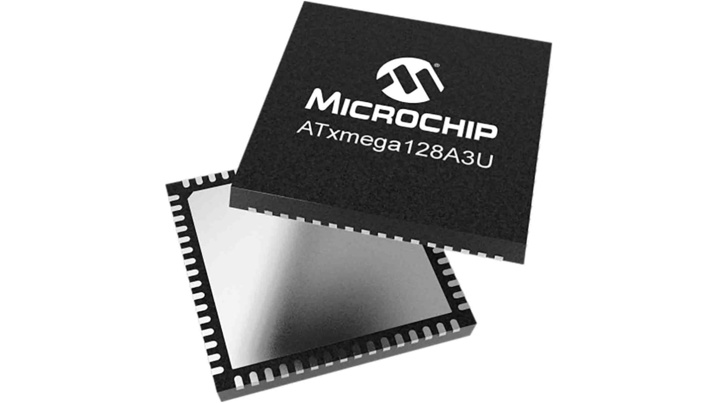 Microchip ATXMEGA128A3U-MH, 8bit AVR Microcontroller, ATxmega128A3U, 32MHz, 128 kB Flash, 64-Pin QFN