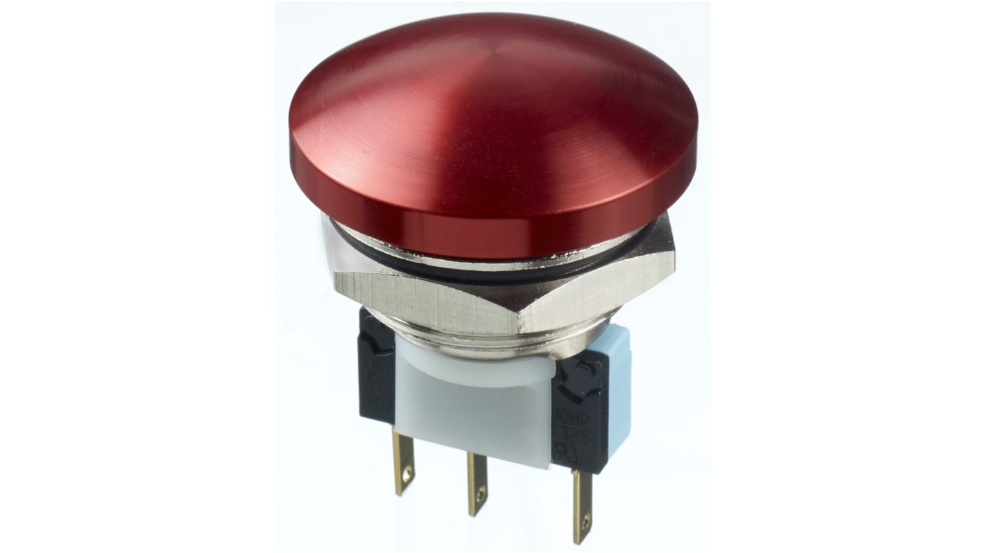 Interruptor de Botón Pulsador APEM, color de botón Rojo, DPDT, acción momentánea, 5 A, 250V ac, Montaje en Panel, IP65