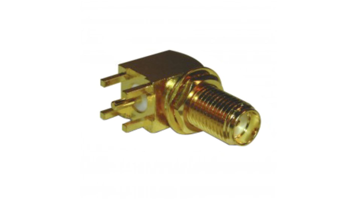 Amphenol RF, jack PCB Mount SMA Connector, 50Ω, Solder Termination, Right Angle Body