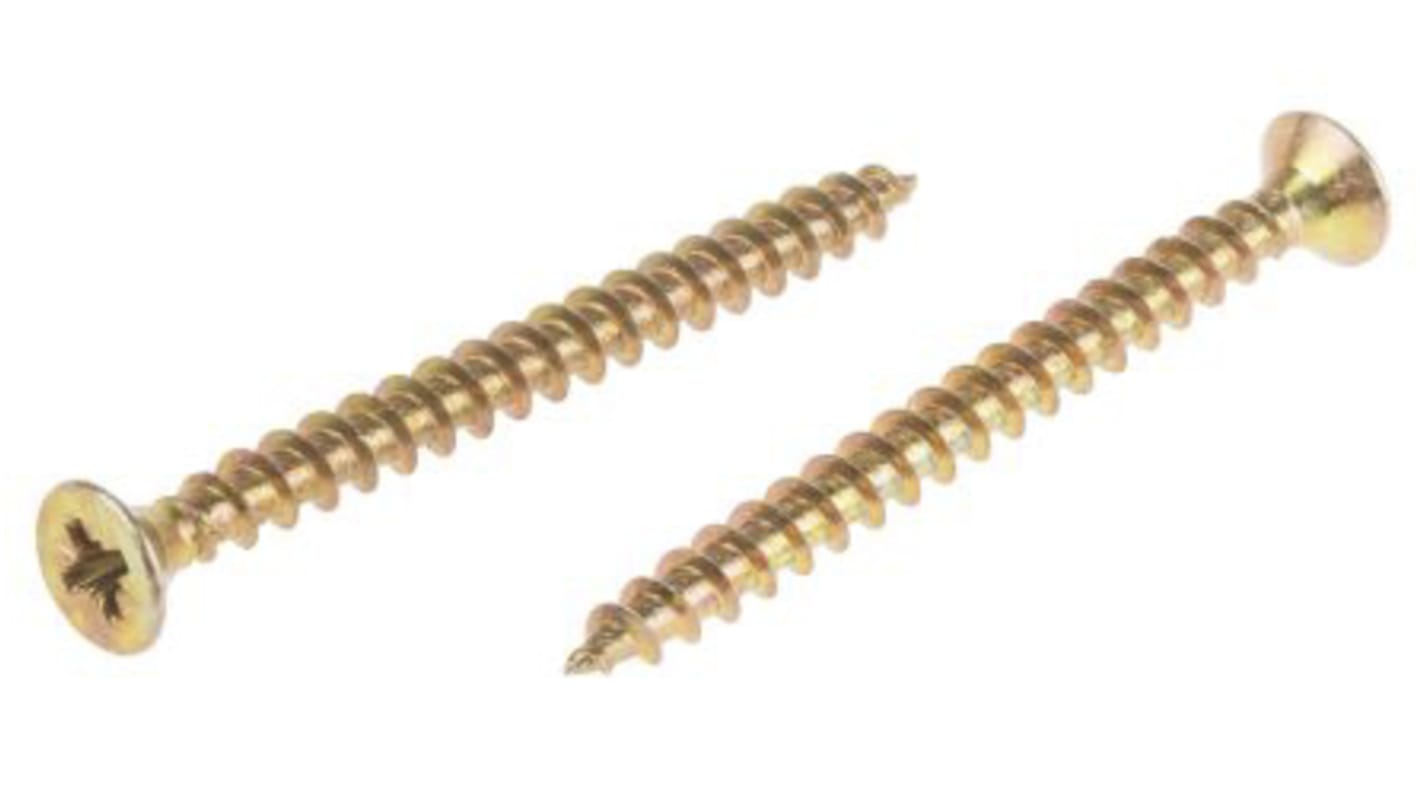 RS PRO Pozidriv Countersunk Steel Wood Screw Yellow Passivated, Zinc Plated, 5mm Thread, 60mm Length