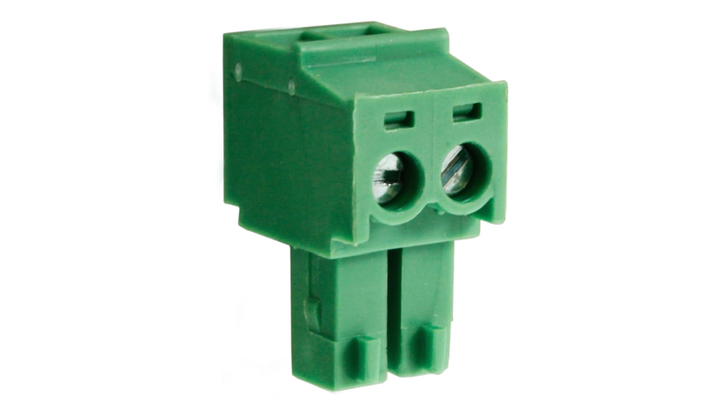 Bloque de terminal PCB Hembra Ángulo recto RS PRO de 3 vías, paso 3.81mm, 10A, de color Verde, montaje Montaje en