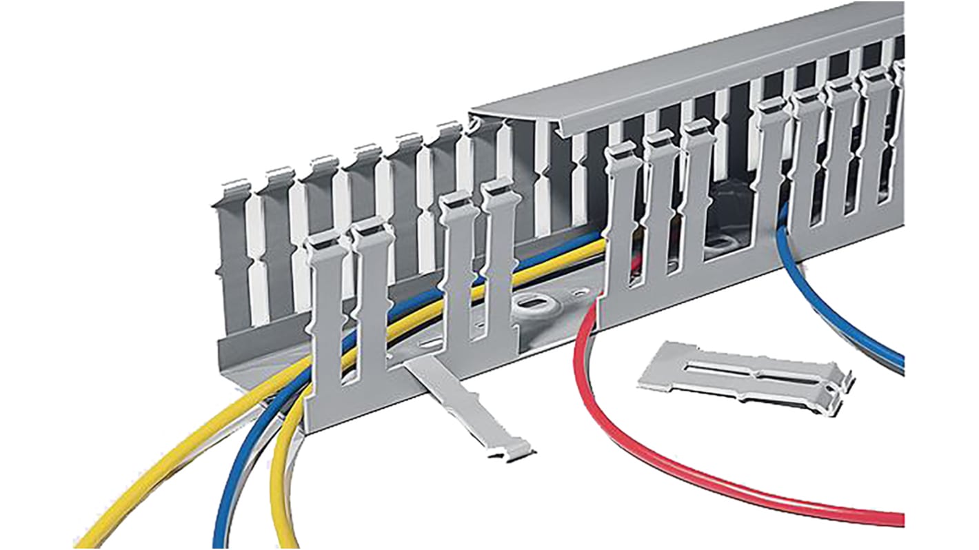 HellermannTyton HTWD-PW Grey Slotted Panel Trunking - Open Slot, W80 mm x D80mm, L2m, PVC