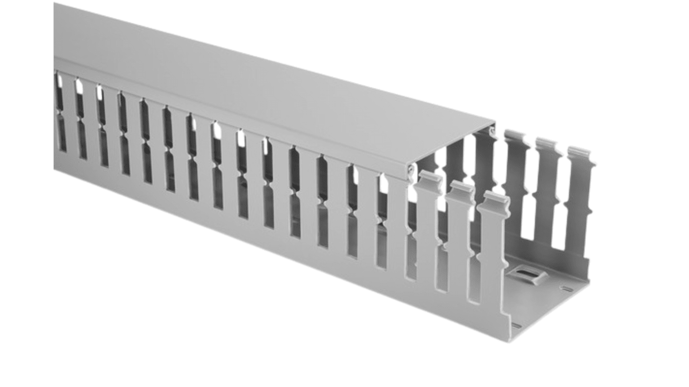 HellermannTyton HTWD-PW Grey Slotted Panel Trunking - Open Slot, W80 mm x D100mm, L2m, PVC