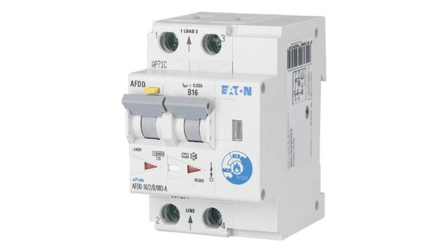 Eaton AFDD, 16A Current Rating, 2P Poles, 30mA Trip Sensitivity, Type B, AFDD+ Range